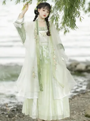 Hanfu clothing for sale with Song style embroidery, tassel floral patterns, and flowing pleated skirt